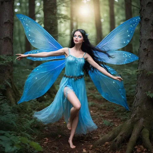 Prompt: A fairy dancing in the forest. She has dark hair and blue eyes. 