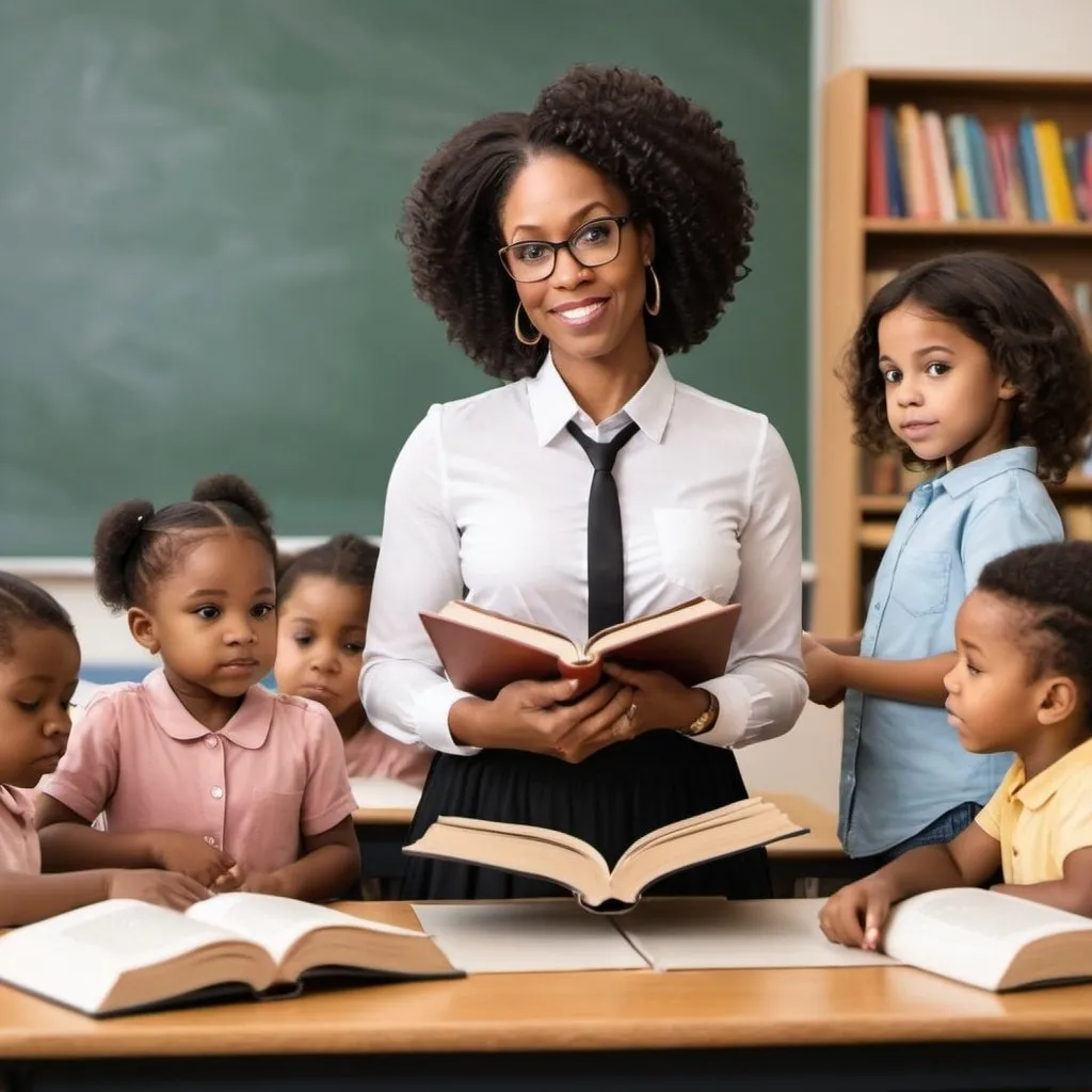 Prompt: Create an image of a teacher who is curious, loves books and supports her students.  She is also a mother and wife who loves her family. The image should be of a black woman who is balancing her career with family.