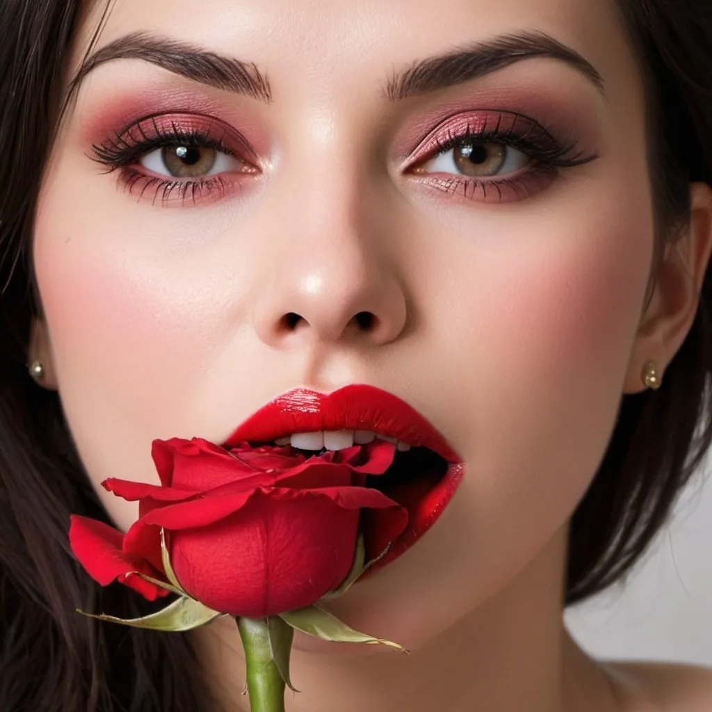 Prompt: Red rose in bleading lips, love, pain, beauti