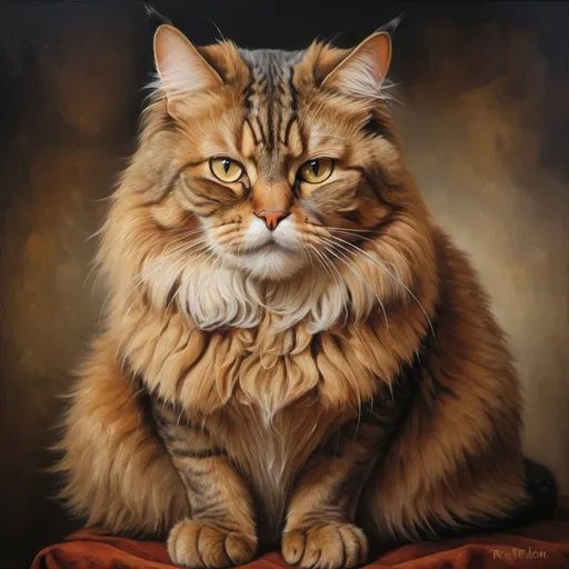 Prompt: Detailed, realistic oil painting of a wise old cat with a knowing expression, rich earthy tones, warm and soft lighting, aged features, distinguished look, fur with subtle texture, high quality, realistic, oil painting, aged, wise cat, knowing expression, rich earthy tones, warm lighting, aged features, distinguished, subtle texture