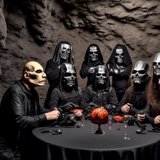 Prompt: 6 Stern metal heads at the table dressed in black darkness  gloves  cavern



