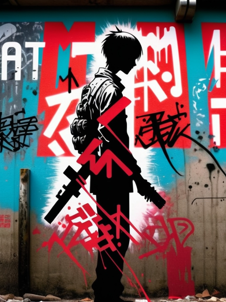 Prompt: Junji Ito manga style, man silhouetted in a dimly lit alley in post apocalyptic cyber Tokyo. On the wall is a graffiti tag of the letters “MZTV” in a frenetic and kinetic graffiti style script. It appears to have been written in blood. manga scene