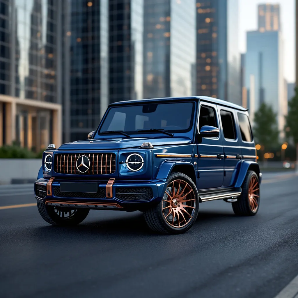 Prompt: A luxurious Mercedes-Benz G-Wagon in deep metallic sapphire blue with rose gold wheels, grille, and trim, parked in a modern city, hyper-realistic, 4K, detailed reflections, cinematic lighting.