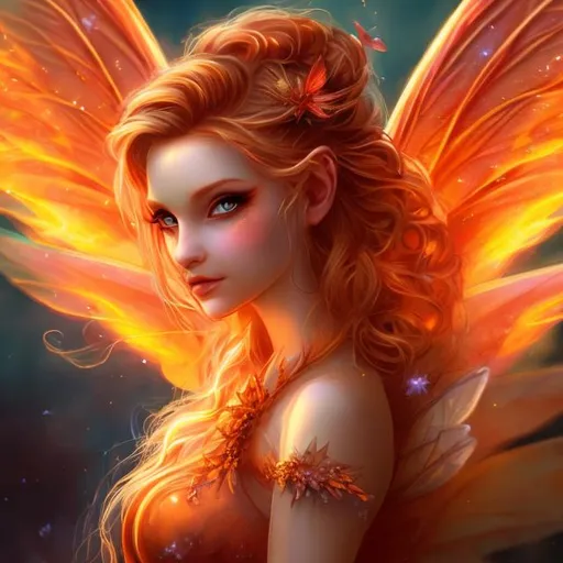 Prompt: fairy goddess, warm colors, fiery background, closeup no wings