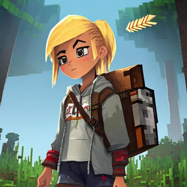 Prompt: a girl with short blonde hair wearing a red worn-out hoodie, blue denim shorts, combat boots, a brown leather quiver full of arrows on her back, front facing the camera, a minecraft survival world-esque backdrop.