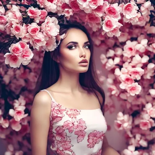 Prompt: a beautiful woman , lots of pretty pink flowers