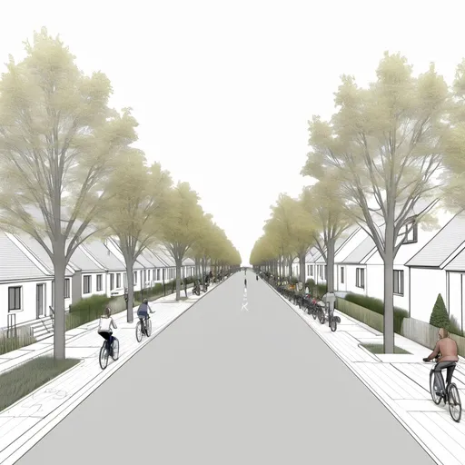 Prompt: Please draw a three-dimensional plan for me where, on the left side of the image, there is a row of houses, followed by a row of trees, a sidewalk with wooden benches and several pedestrians, a bicycle path, another row of trees, a two-way street with 3 or 4 bends (following the Woonerf urban design model), another row of trees, a sidewalk featuring a station for disabled individuals to sit in their wheelchairs and watch children play next to green space, another row of trees, and finally, the first building is a supermarket, the second is a clothing mall, and the third and fourth are residential buildings.

In the middle of the two-way street, there is a water channel where you need to place a bridge from the sidewalk on the right to the sidewalk on the left.