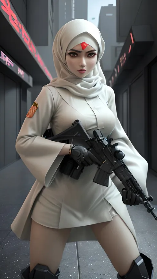 Prompt: <mymodel>High resolution 3d cyber digital art of a muslim woman in anime hijab, alabaster skin, army uniform, long akatsuki robe, big guns, crazy eyes, action poses, futuristic urban setting, detailed eyes, anime, cyber 3D, dynamic lighting , high quality