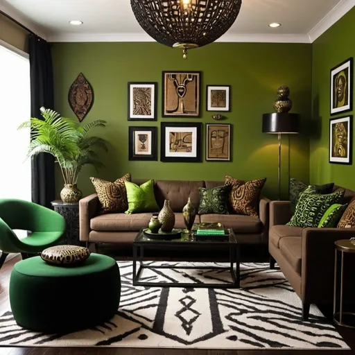 Prompt: Modern Afrocentric living room black green browns and some glam elements 