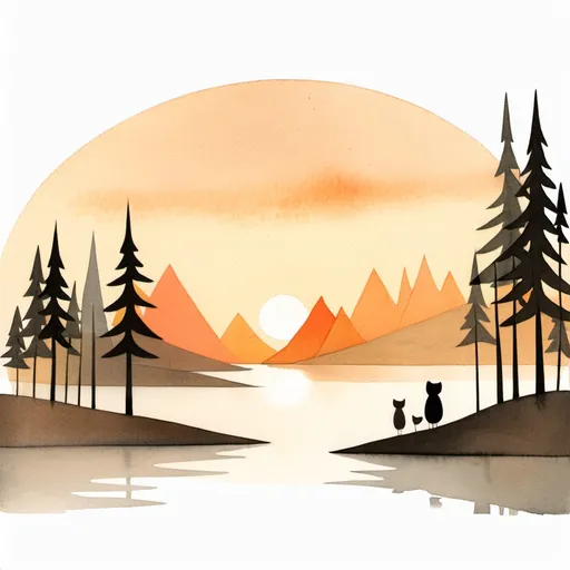 Prompt: Limited-edition illustration artwork on white background inspired by jon klassen, watercolor, minimalist, the sunset