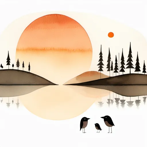 Prompt: Limited-edition illustration artwork on white background inspired by jon klassen, watercolor, minimalist, the sunset