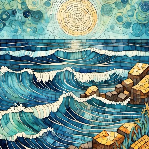 Prompt: batik style watercolor illustration, van gogh inspired ocean, modern illustration, mosaic