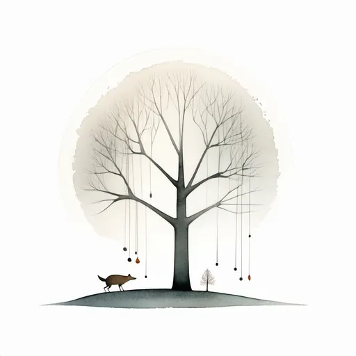 Prompt: Limited-edition illustration artwork on white background inspired by jon klassen, watercolor, minimalist, the winter tree