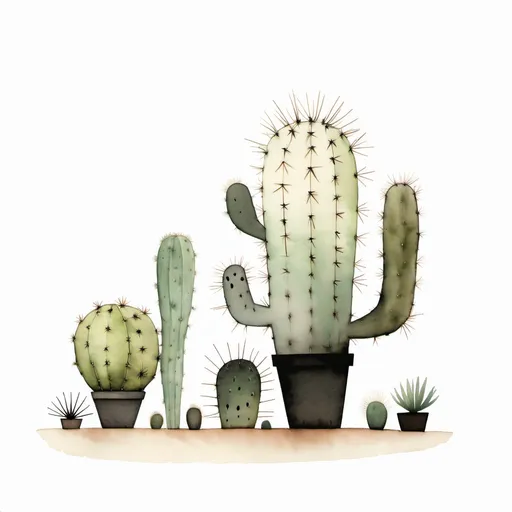 Prompt: Limited-edition illustration artwork on white background inspired by jon klassen, watercolor, minimalist, the cactus