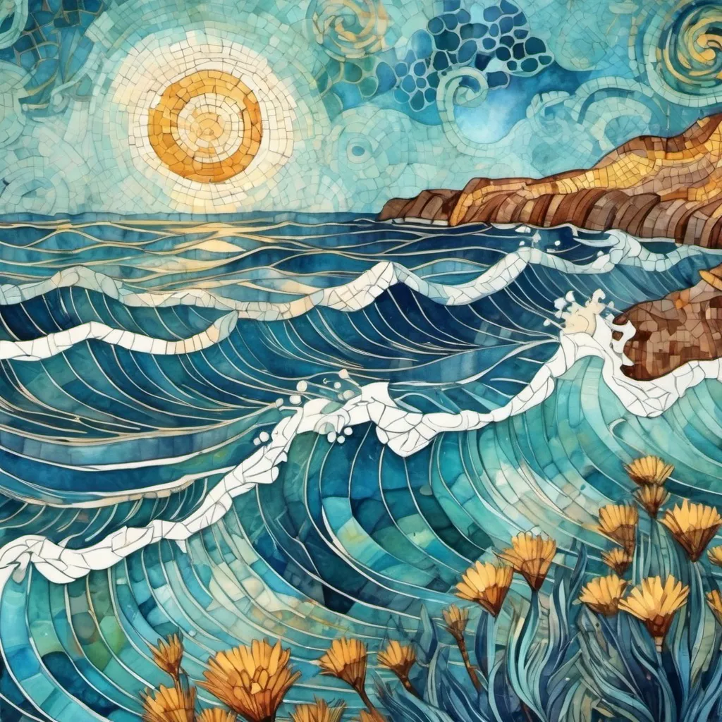 Prompt: batik style watercolor illustration, van gogh inspired ocean, modern illustration, mosaic