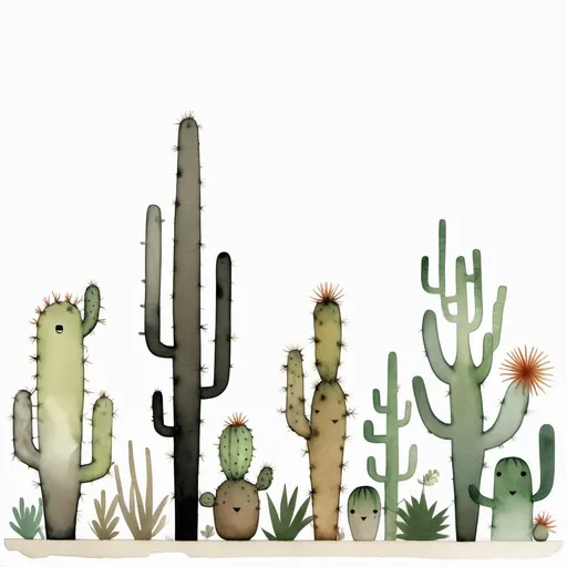 Prompt: Limited-edition illustration artwork on white background inspired by jon klassen, watercolor, minimalist, the cactus