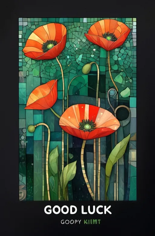 Prompt: Greetings card with title “good luck” on top-middle mosaic illustration artwork inspired by Gustav Klimt on dark background, watercolor, minimalist, petal, poppy, stem, spring green