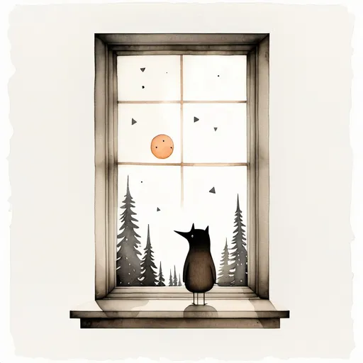 Prompt: Limited-edition illustration artwork on white background inspired by jon klassen, watercolor, minimalist, the window