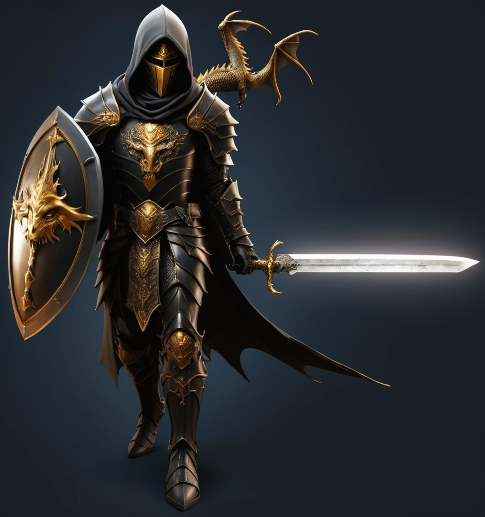 Prompt: full body head to toe hooded black knight with dragon on chest plate and, holding shield at his side and a sword, with black and gold accents, with ultra realistic graphics