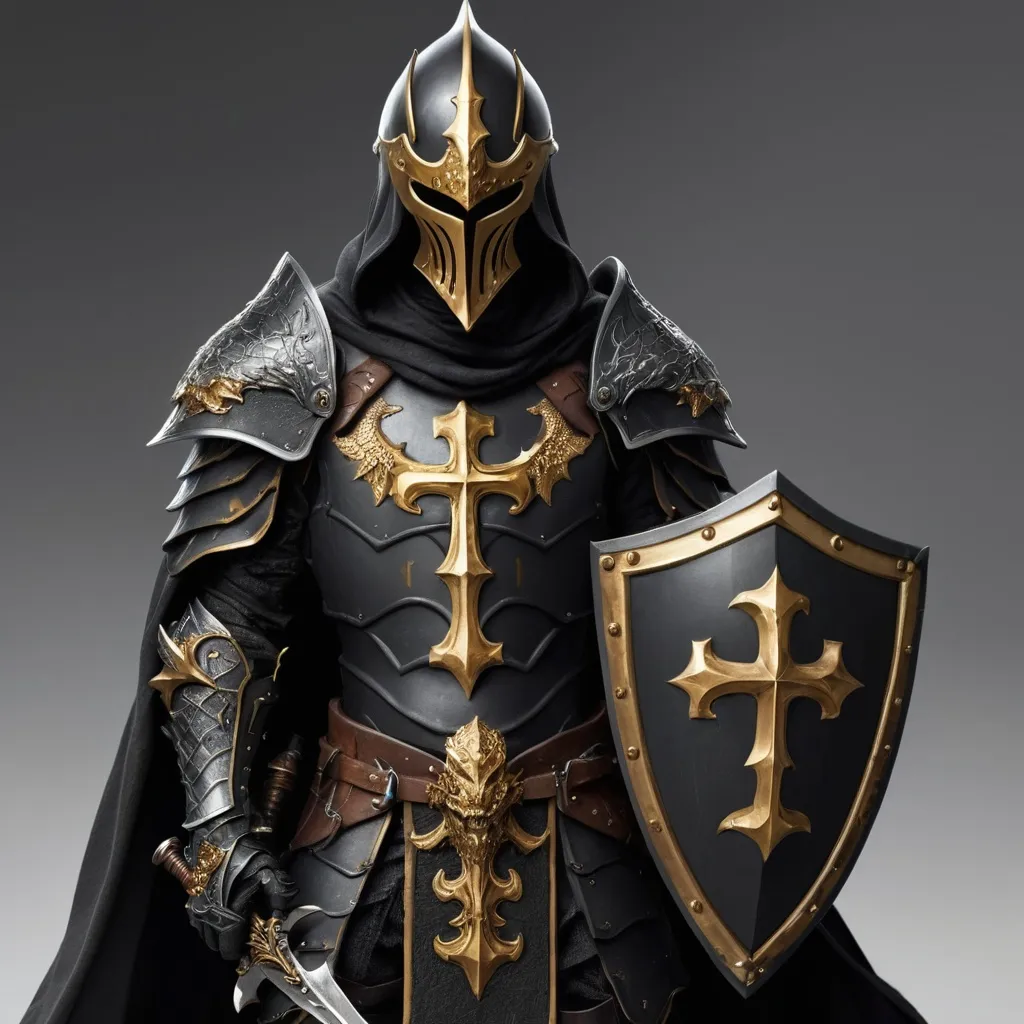 Prompt: full body hooded black knight with dragon on chest plate and shield with cross wielding a shield and a sword, with black and gold accents, with ultra realistic graphics