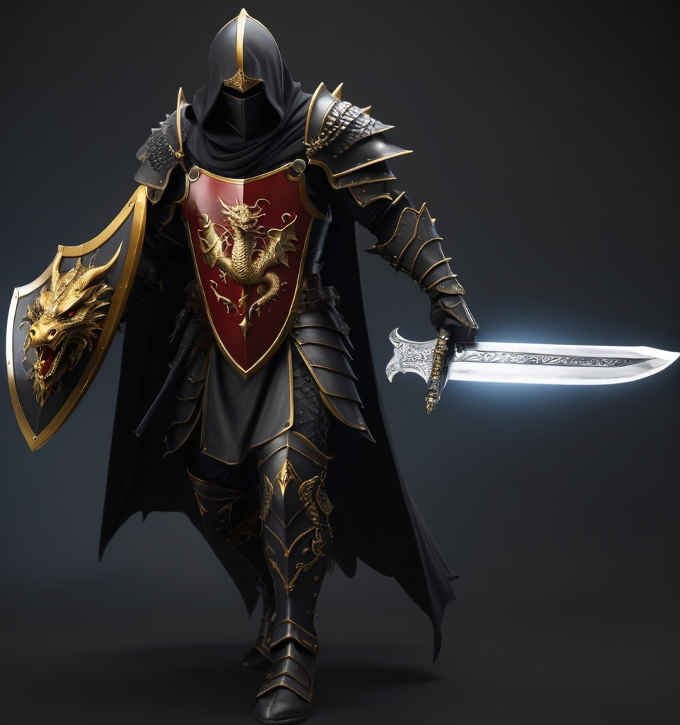 Prompt: full body head to toe hooded black knight with dragon on chest plate and, holding shield at his side and a sword, with black and gold accents, with ultra realistic graphics