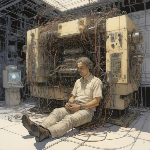 Prompt: a drawing of a machine with wires and wires attached to it, and a person sitting on the ground, Donato Giancola, modular constructivism, michael kaluta, cyberpunk art