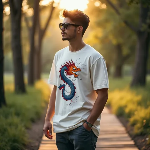 Prompt: Bathed in the warm glow of late afternoon light, a young man stands amidst a serene outdoor setting characterized by tall trees and gentle foliage, evoking a sense of tranquility. He wears a loose-fitting white t-shirt adorned with colorful dragon artwork, which adds a vibrant touch to his casual look, complemented by stylish sunglasses that shield his eyes from the sun. The background features a rustic trail lined with wooden planks, hinting at a leisurely path through nature. His contemplative pose and profile suggest a moment of introspection, embodying a relaxed mood amid the tranquil beauty of the surroundings.