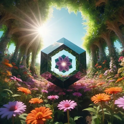 Prompt: a dodecahedron in the middle of a flower paradise, 3D render, 70s art house surrealist movie, fisheye lens,ethereal, atmospheric, bold, rays of shimmering,sunlight,8k,HD