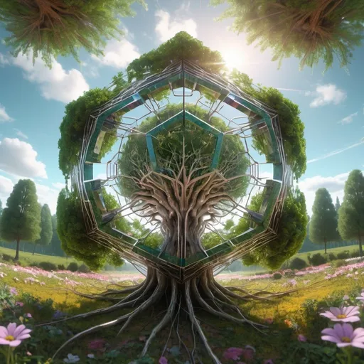 Prompt: an  digital circuits dodecahedron where his circuits come out itself in a shape of roots to connect withe the  roots of trees   in the middle of a flower paradise, 3D render, 70s art house surrealist movie, fisheye lens,ethereal, atmospheric, bold, rays of shimmering,sunlight,8k,HD