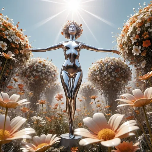 Prompt: a sylver metalic  mannequin woman full body, floating in the air inthe middle of a flower paradise with her hands is controlig the petals of  the flowers,3D render, 70s art house surrealist movie, panoramic,ethereal, atmospheric, bold, rays of shimmering,sunlight,8k,HD
Model: OpenArt SDXL