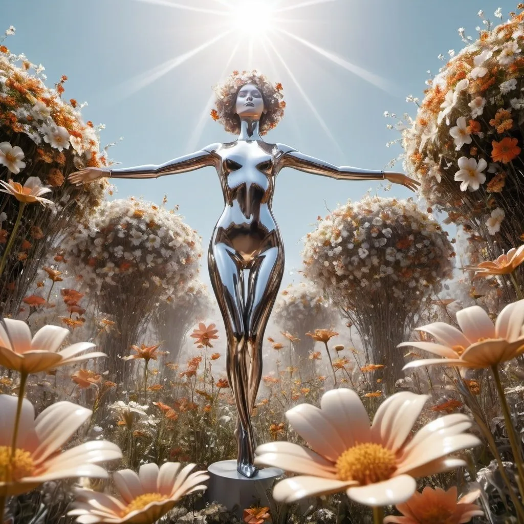 Prompt: a sylver metalic  mannequin woman full body, floating in the air inthe middle of a flower paradise with her hands is controlig the petals of  the flowers,3D render, 70s art house surrealist movie, panoramic,ethereal, atmospheric, bold, rays of shimmering,sunlight,8k,HD
Model: OpenArt SDXL