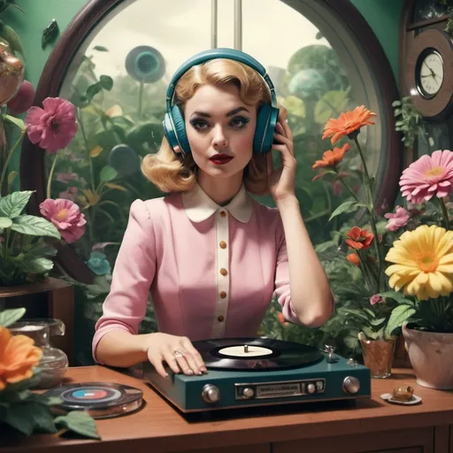 Prompt: Here is the improved and translated prompt:

A woman with distinctly 1950s clothing and makeup, listening with headphones connected to a vinyl record player from the same era. Half of the vinyl record player is transforming into a dreamy, enchanting garden paradise. 3D render in the style of Willy Wonka & the Chocolate Factory by Mel Stuart (1971), with a surrealist touch, art film house aesthetic. High definition 8K, Polaroid style.