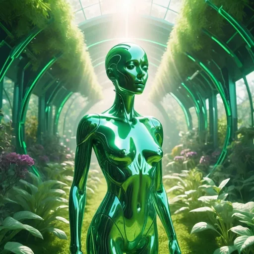 Prompt: A hybrid human-machine ,3D render, 70s art house surrealist movie, in the middle of a utopic futuristic green garden  fullshot,ethereal, atmospheric, bold, rays of shimmering,sunlight,8k,HD
