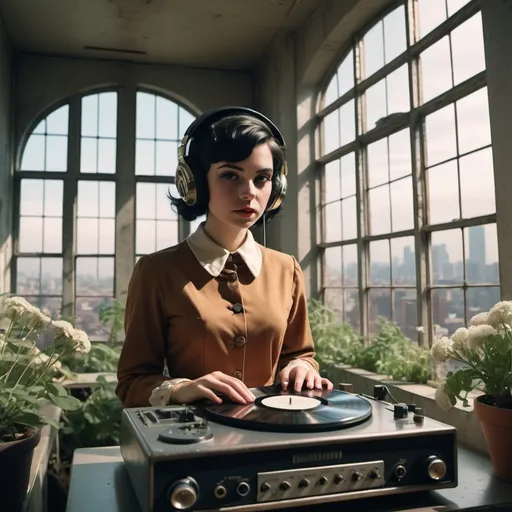 Prompt: 

A black hair caucasic girl, brown eyes small mouth in a with distinctly 1950s cute masculine costume, listening with headphones connected to a vinyl record player from the same era. in a 50s brutalist abandoned  high building whit big windows, looking to the city, with plants and flowers.ethereal, atmospheric, bold, rays of shimmering,sunlight   3D render in the style of Willy Wonka & the Chocolate Factory by Mel Stuart (1971), with a surrealist touch, art film house aesthetic. High definition 8K, Polaroid style.