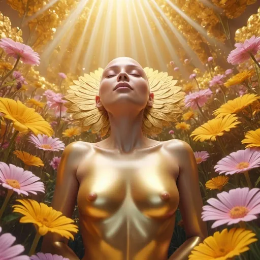 Prompt: a gold methalic  bald woman body floating in flower paradise, 3D render, 70s art house surrealist movie, ethereal atmosphere, bold rays of sunlight, panorama, high-quality 8k HD, surreal, vibrant colors, dreamy, whimsical, fantastical, detailed petals and foliage, pastel tones, atmospheric lighting