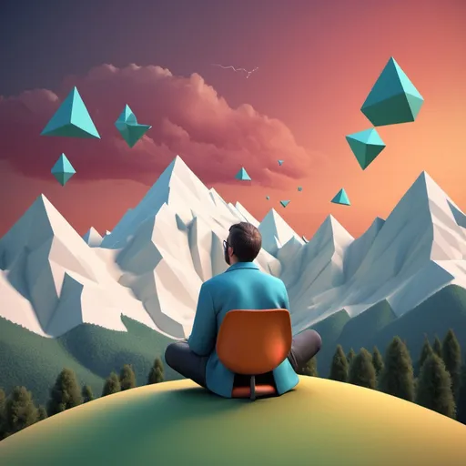 Prompt: a 3d style for a mathematician sitting in front of a serie of montains, looking for a beautiful colored sky and thinking about maths courses like algebra ...