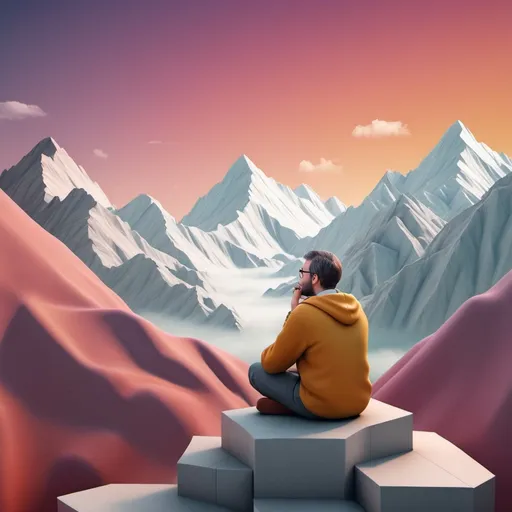 Prompt: a 3d style for a mathematician sitting in front of a serie of montains, looking for a beautiful colored sky and thinking about maths courses like algebra ...