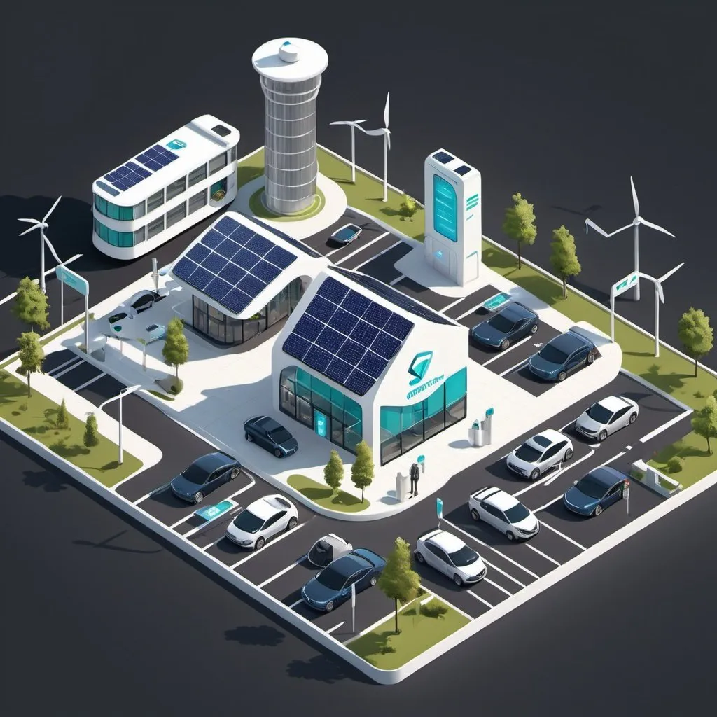 Prompt: Create a dynamic isometric city illustration showcasing a highway based futuristic energy station for EV Charging, having grid connected charging, onsite solar generation, large battery based storage, and EV charging facility, with restaurant, kiosk, etc. for waiting customers