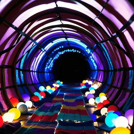 Prompt: Photorealistic picture of adult sized Coraline type tunnel, vibrant colors of just blue and purple, DIY made look, fairy lights on outside shining into tunnel, true to the movie, floor made from different blankets, comfortable looking, homemade