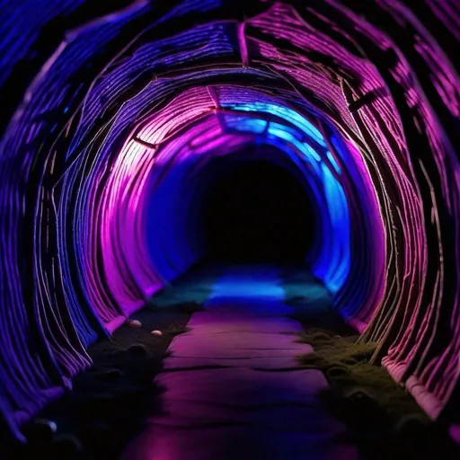 Prompt: Photorealistic picture of adult sized Coraline type tunnel, vibrant colors coming from outside, only blue and purple, DIY made look, no lightbulbs, floor made from different comfortable looking blankets, curved at the end of tunnel, true to Coraline