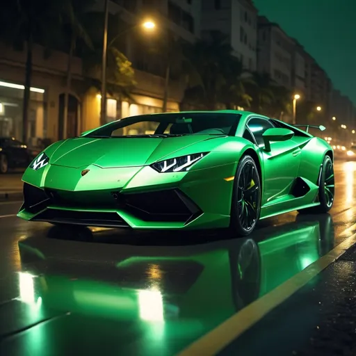 Prompt: (Green Lamborghini), sleek, powerful design, dynamic motion, headlights illuminating the dark, asphalt road, high speed, nighttime ambiance, reflections on the car's glossy surface, vibrant, cool tones, cinematic mood, city lights in the background, ultra-detailed, high quality 4K, capturing the thrill of the ride.