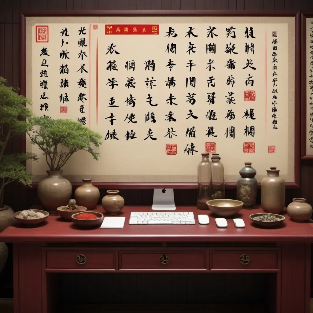 Prompt: generate a desktop wallpaper in 4k quality, the image should including elements of Traditional Chinese Medicine, insert "大医精诚"in the image.