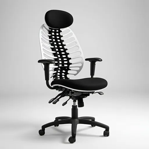 Prompt: I need a chair with 2d and 3d drawing, with orthopedic flexible and soft design, black and white. with hydraulic position and stand regulators 
shaped like a sea horse spine. make it softer anglese wide back like a peacock's tail