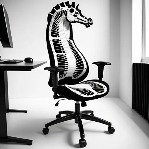 Prompt: I need a chair with 2d and 3d drawing, with orthopedic flexible and soft design, black and white. with hydraulic position and stand regulators 
shaped like a sea horse spine. make it softer anglese