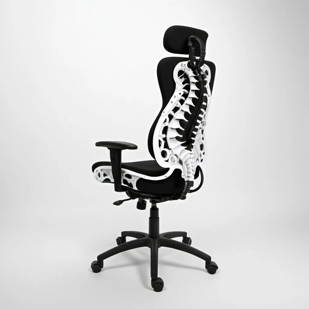 Prompt: I need a chair with 2d and 3d drawing, with orthopedic flexible and soft design, black and white. with hydraulic position regulators 
shaped like a sea horse