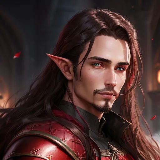 Prompt: handsome knight in red and black armor, elf, long shining straight brown hair and brown goatee, light-blue eyes, beautiful d&d character portrait, dark fantasy, detailed, realistic face, digital portrait, intricate details, fiverr dnd character, wlop, artstation, hd, octane render, mage, robes