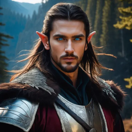 Prompt: Fantasy style, a hyper realistic detailed image of combative druid, male elf, brown goatee, spellsword, looking straight ahead, body facing camera, camera top third of image, perfect composition, super detailed, sharp focus HDR, UDR, 120k, red and black armor, white fur collar, long straight windblown shiny brown hair, radient blue eyes, in a mountain forest fantasy background, dragon familiar, dragon in background