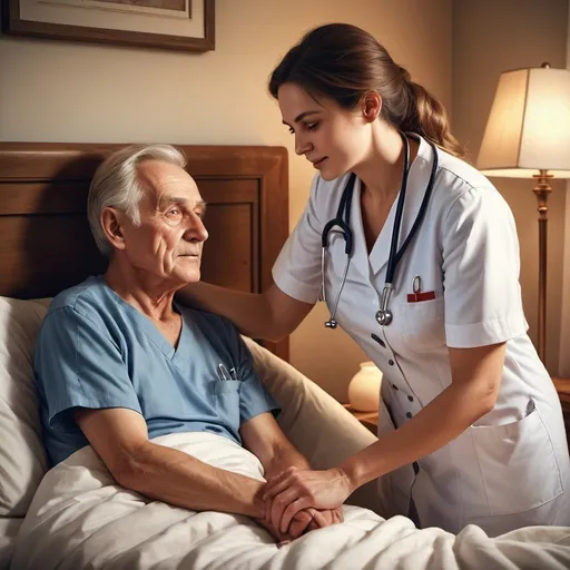 Prompt: Nurse caring for older man in bed at home, cinematographic, realistic, caring gesture, gentle touch, medical uniform, cozy setting, high quality, digital painting, comforting, soft lighting, detailed expressions, caring gesture, cozy, nurse, woman, at home, medical, realistic, gentle touch, highres, warm tones, professional