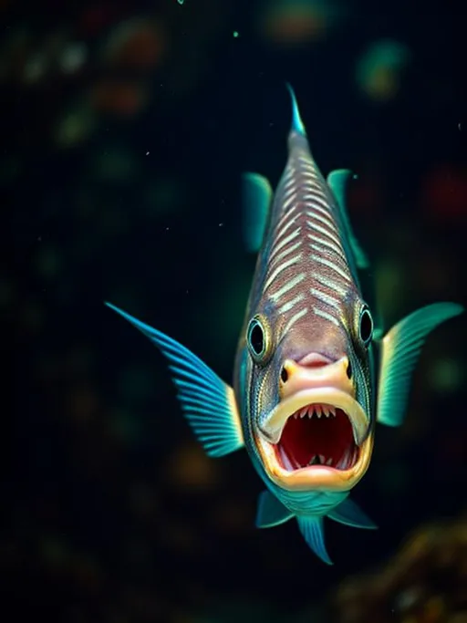 Prompt: Fish looking at the camera with its mouth open 