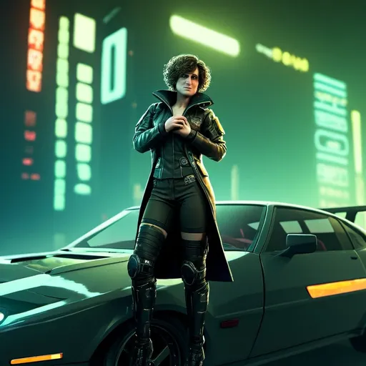 Prompt: (futuristic city skyline), a cyberpunk woman with (short, very curly brown hair), leaning against a sleek (futuristic car), gazing over the (dazzling neon horizon), rich in intricate details. The atmosphere is vibrant, illuminated with cool tones, and the scene exudes a sense of (hopeful longing). High quality (HD, ultra-detailed) rendering capturing the essence of a cyberpunk world.